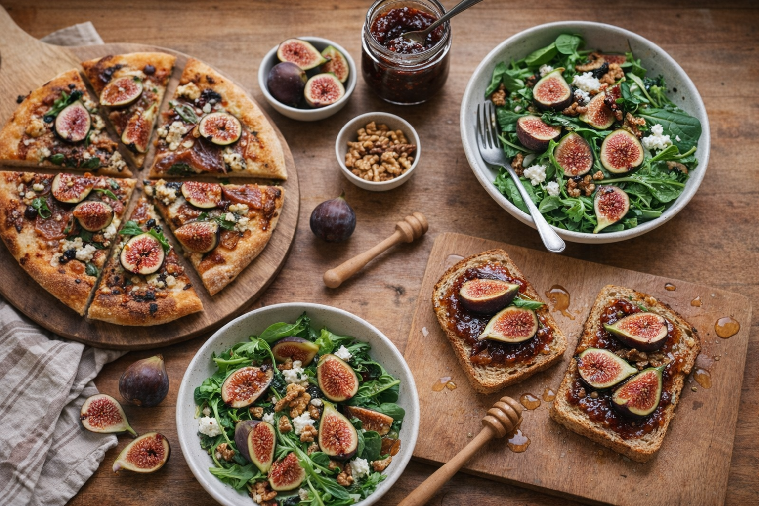 A top-down shot of a variety of fig dishes, including pizza, salad, and jam on toast, arranged on a wooden table with soft, natural light
